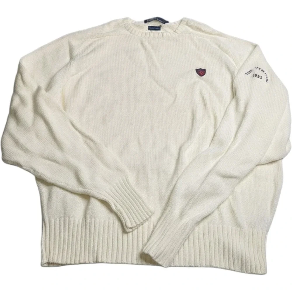 Vtg Polo Ralph Lauren Cable Knit Sweater White L Plaid Crest The Venturi 1993